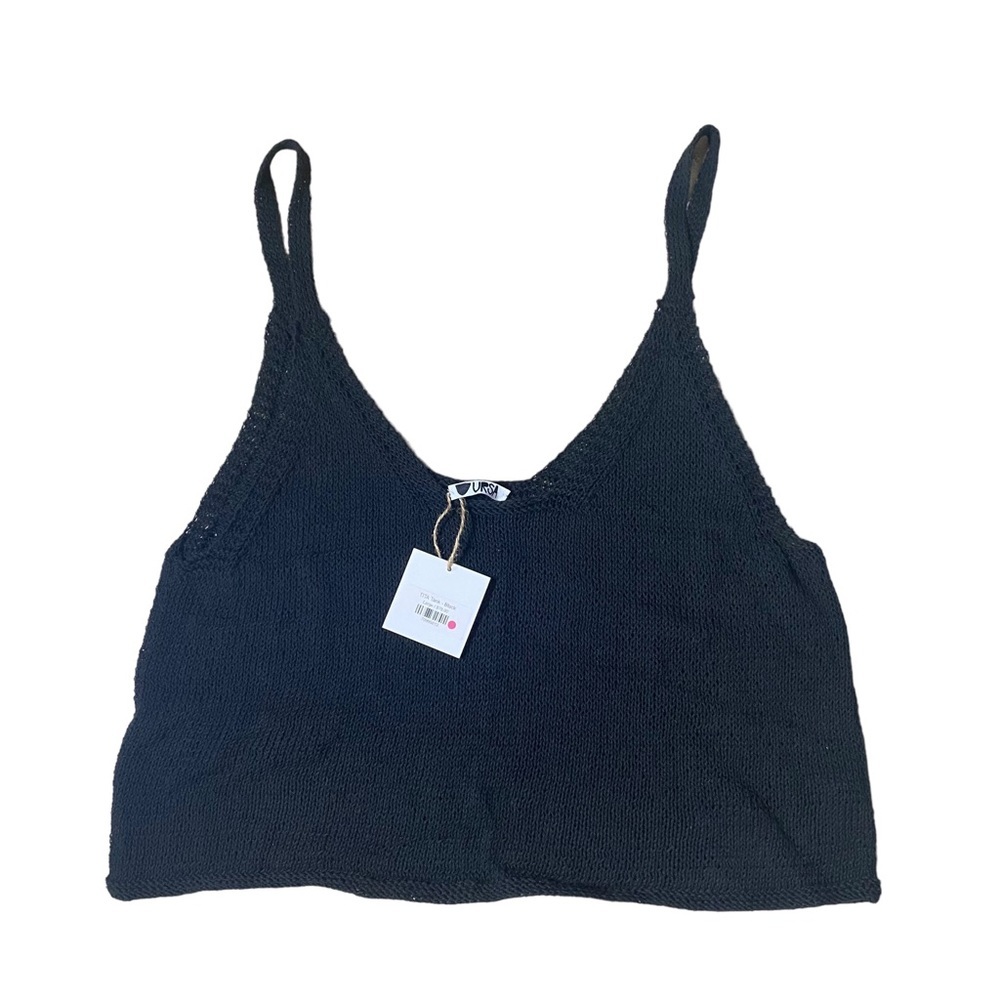 NWT URSA Textiles Tita Cotton Cord Handmade Crochet Knit Black Crop Tank Women L